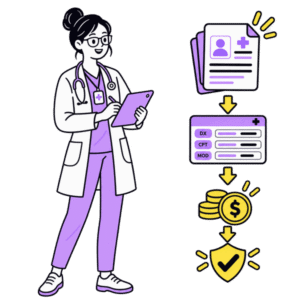 Healthcare professional entering diagnosis, CPT, and modifier information for medical billing.