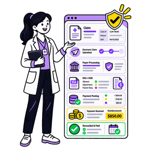 Healthcare professional managing electronic claims, payer processing, payment posting, and reimbursement.