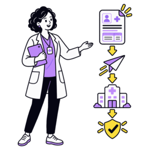 Healthcare professional submitting a medical claim to a healthcare payer for processing.