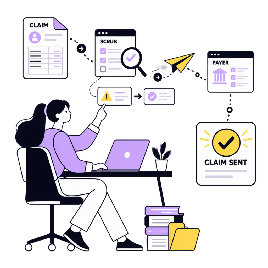 Medical billing professional reviewing and submitting a validated healthcare claim to a payer.
