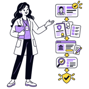 Healthcare professional reviewing provider credentials and payer enrollment verification.