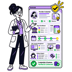 Healthcare professional reviewing provider credentialing, payer enrollment, EHR integration, and software support.