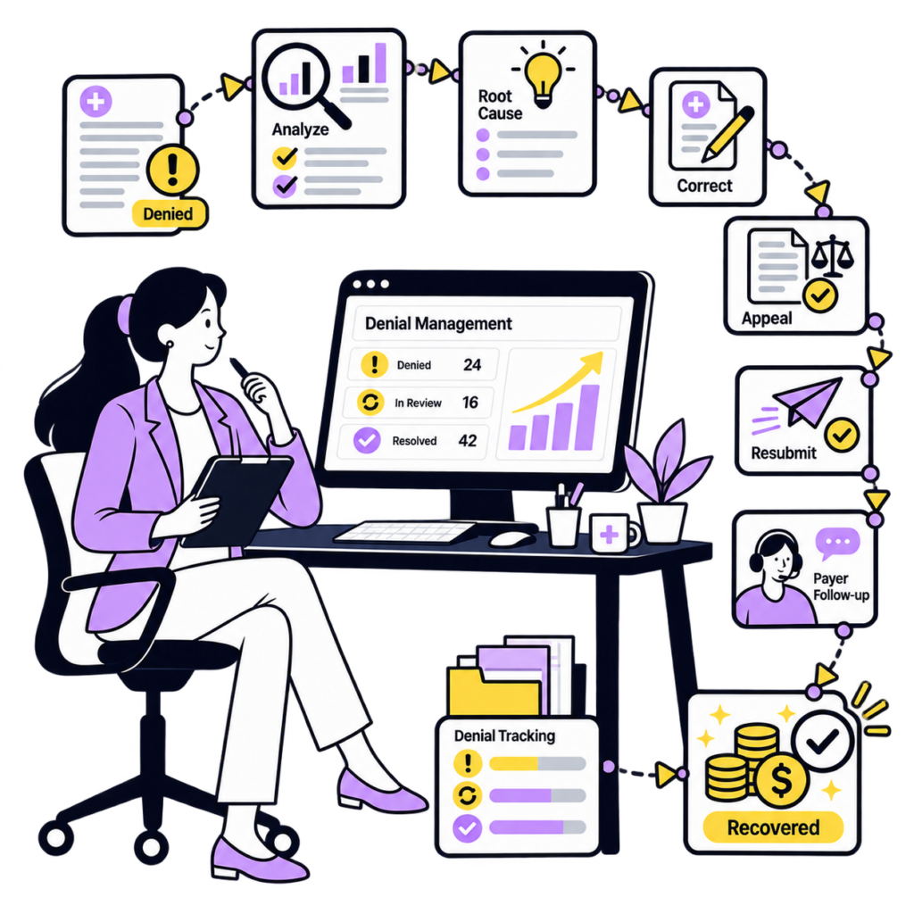Medical billing professional reviewing denied claims, root causes, appeals, resubmissions, and payer follow-up for revenue recovery.