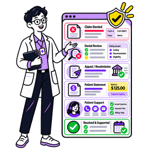 Healthcare professional managing denied claims, appeals, payer follow-up, patient statements, and billing support.