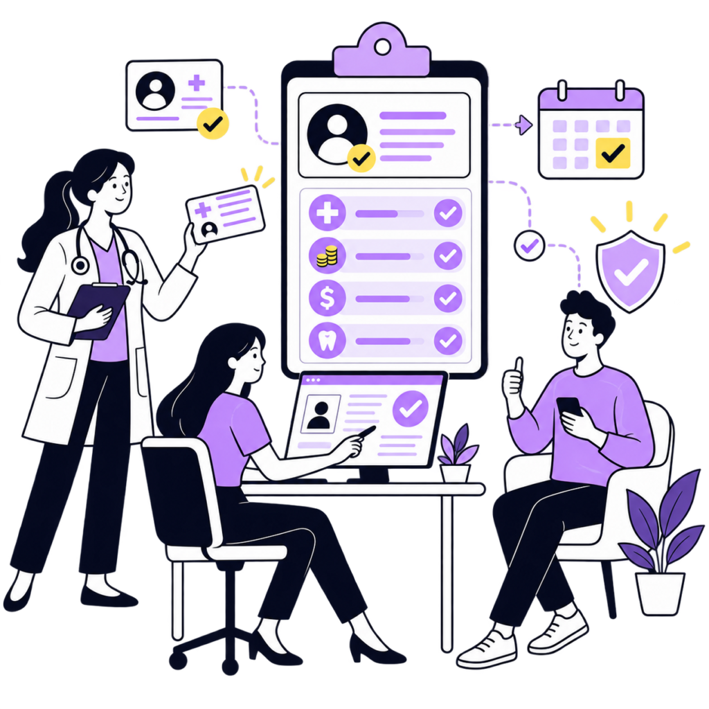 Healthcare team verifying patient insurance eligibility, coverage, and benefits information.