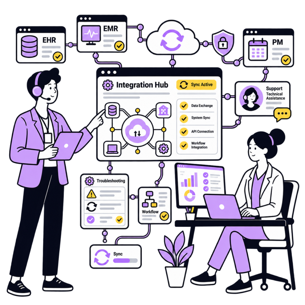 Healthcare team managing EHR, EMR, and practice management system integration with workflow and technical support.
