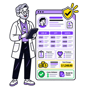 Healthcare professional reviewing ICD-10, CPT, HCPCS codes and charge entry details for claim preparation.