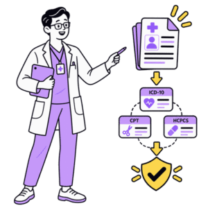 Healthcare professional reviewing ICD-10, CPT, and HCPCS medical coding.