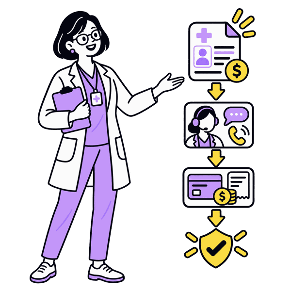 Healthcare professional assisting with patient billing questions, payments, and support.