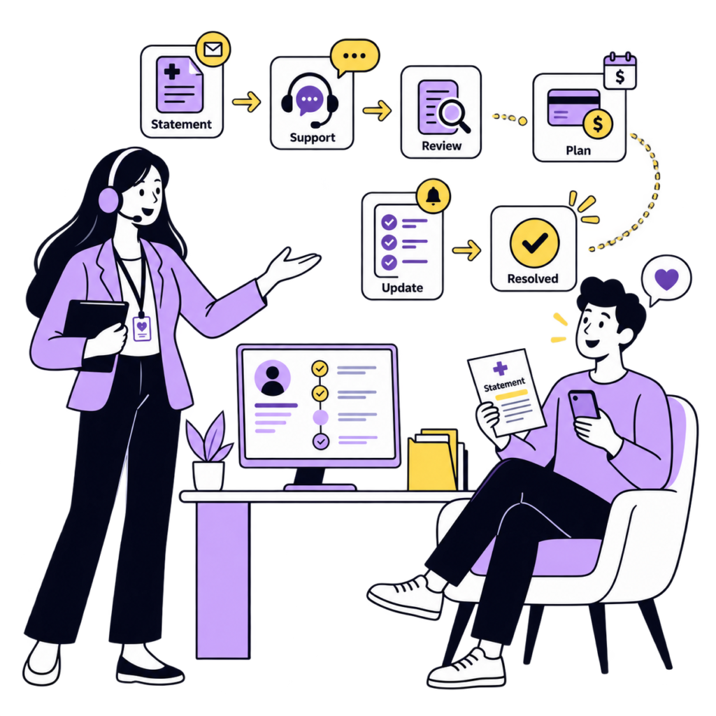 Patient billing specialist assisting a patient with statement review, payment options, and account resolution.