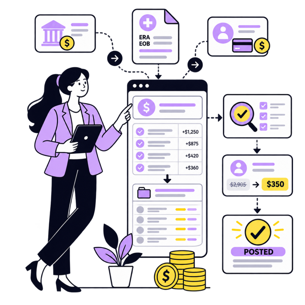 Medical billing professional reviewing ERA, EOB, payer, and patient payments for accurate payment posting.