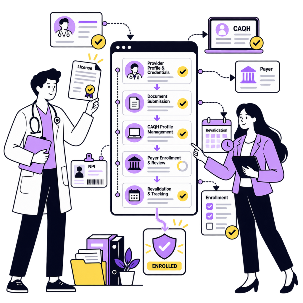 Healthcare team managing provider credentialing, CAQH profile, payer enrollment, and revalidation.