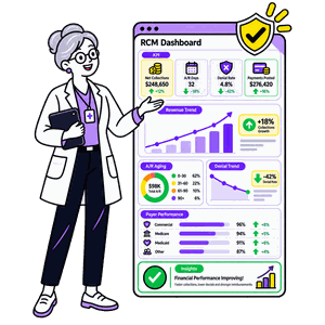 Healthcare professional reviewing RCM analytics, collections, A/R aging, denial trends, and payer performance.
