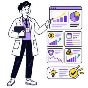 Healthcare professional reviewing RCM analytics, accounts receivable, and revenue performance reports.