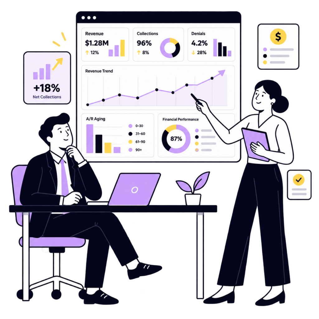 Healthcare professionals reviewing RCM analytics, revenue trends, collections, denials, and A/R aging reports.