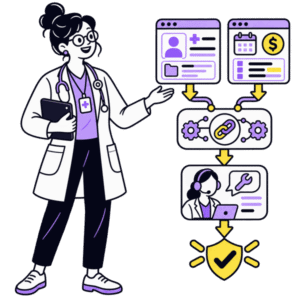 Healthcare professional connecting medical billing software systems with integration and technical support.