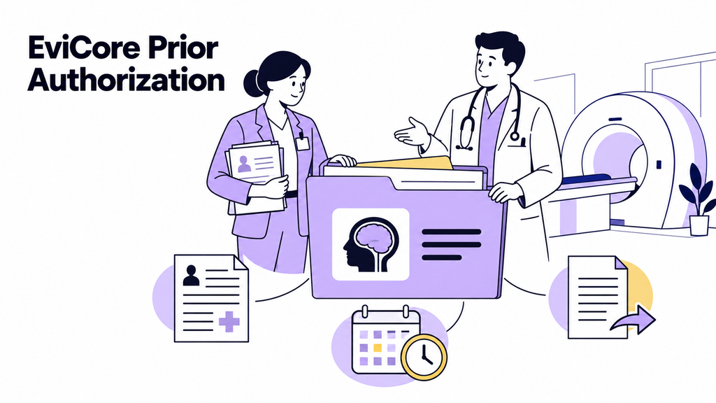 EviCore Prior Authorization: A Practice Manager’s Guide to Submissions, Timelines, and Appeals EviCore prior authorization illustration showing a coordinator and physician reviewing records beside an imaging scanner.