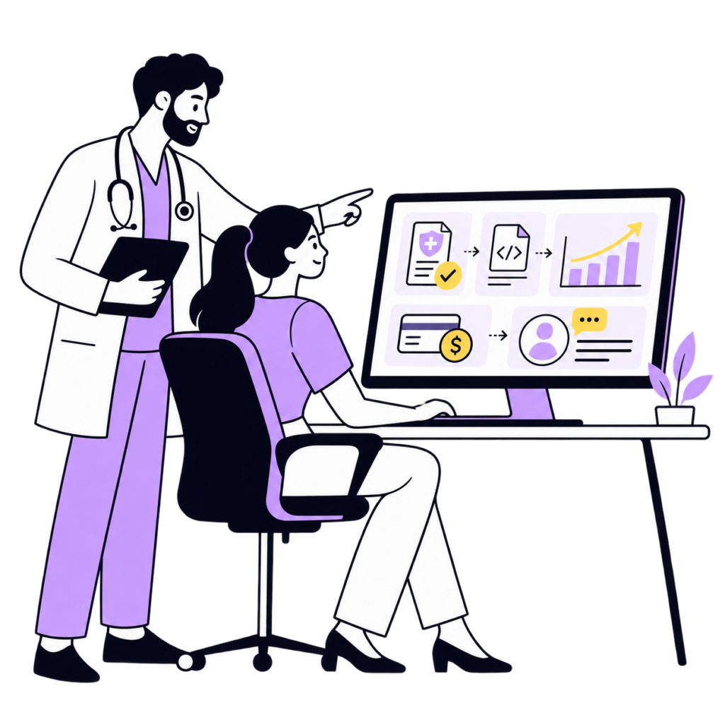 Healthcare professionals reviewing medical billing and revenue cycle workflows on a digital dashboard.
